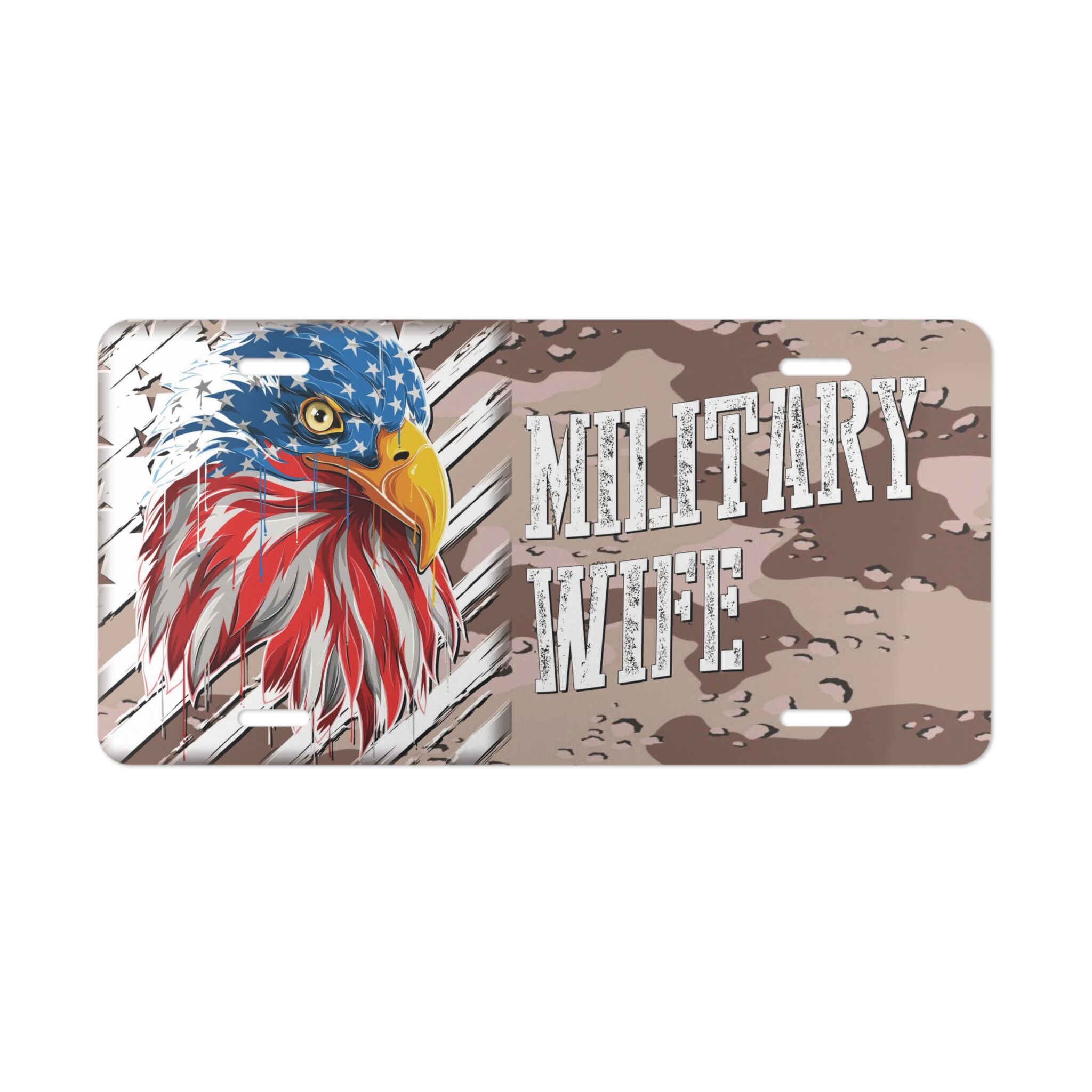 Custom Vanity Plate Tag With Military Wife And American Eagle Flag And Chocolate Chip Camo