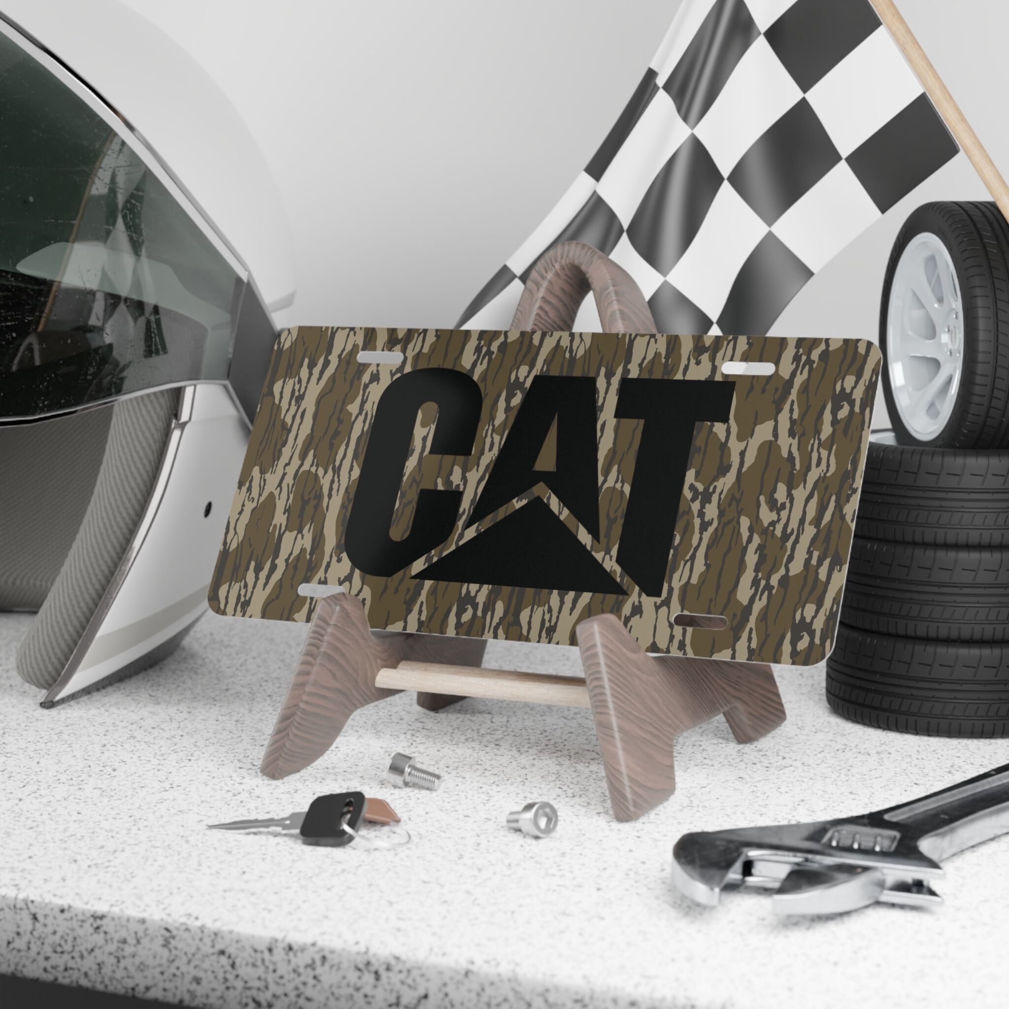 Durable CAT Camo Vanity Plate for Rugged Outdoor Vehicles