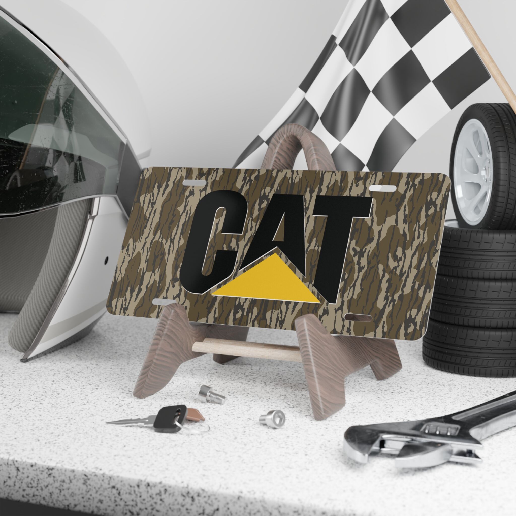 Hunter Camo Front License Plate with Bold CAT Logo for Rugged Vehicles