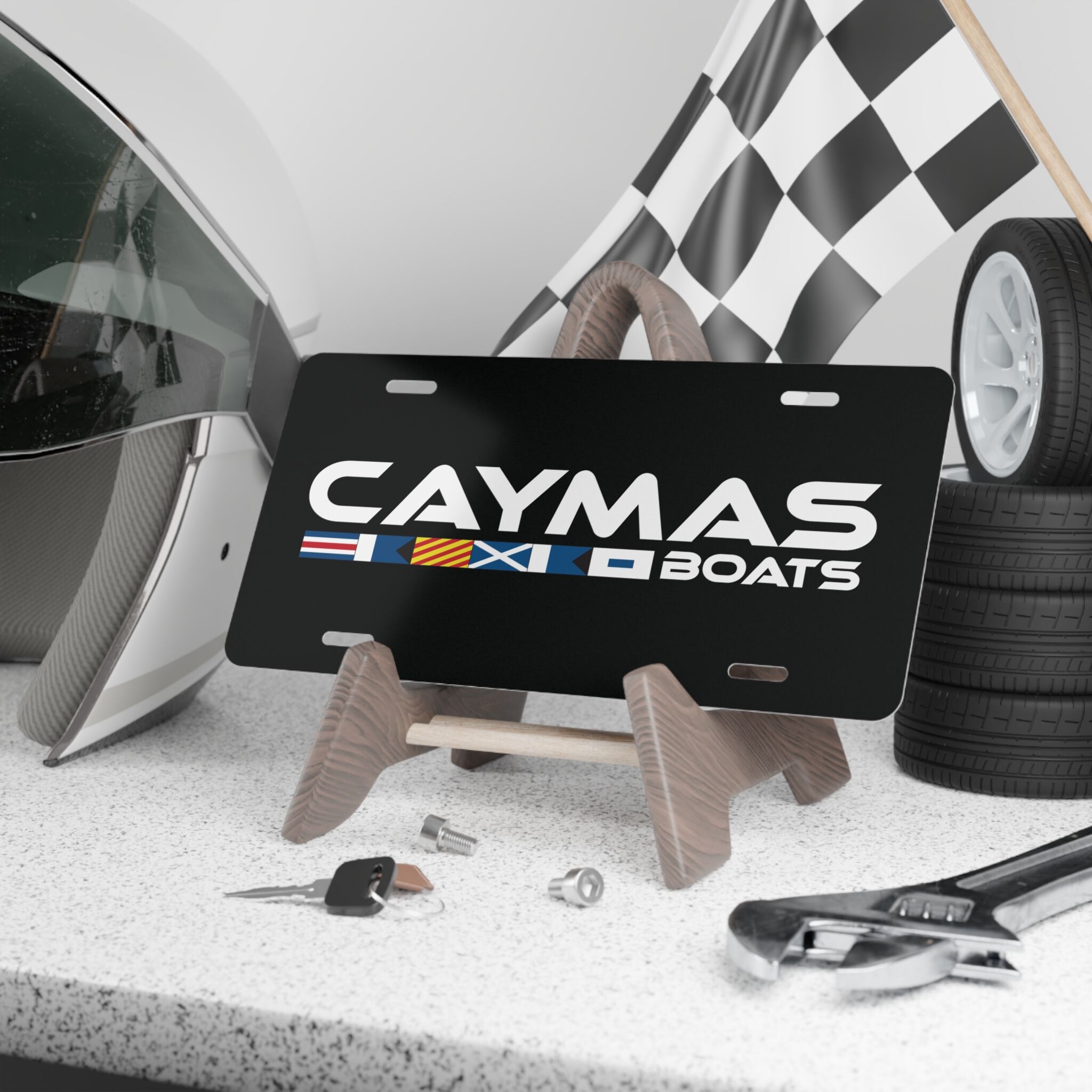 Caymas Logo Vanity Plate with Black Camo for Rugged Front-End Style