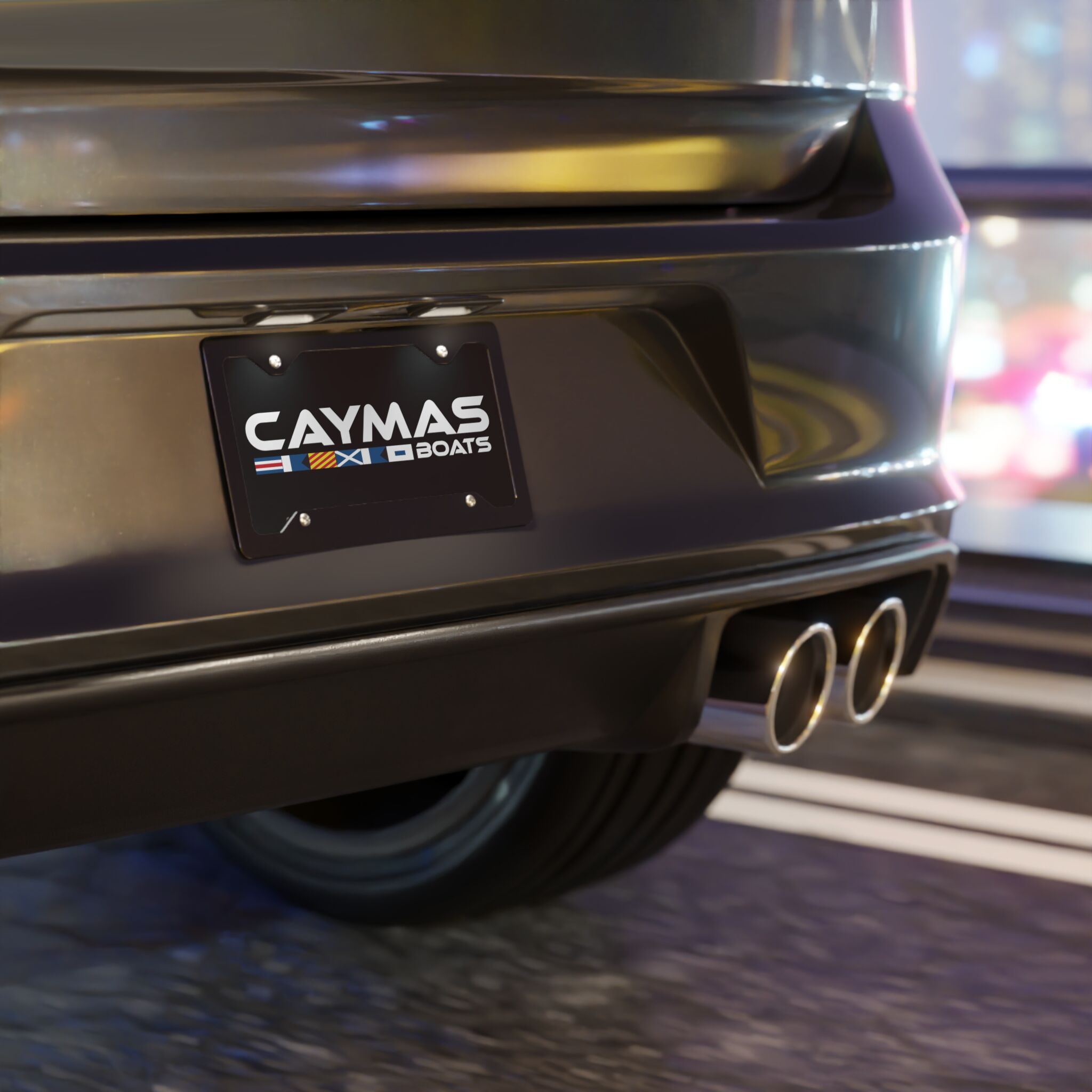 Caymas Logo Vanity Plate with Black Camo for Rugged Front-End Style